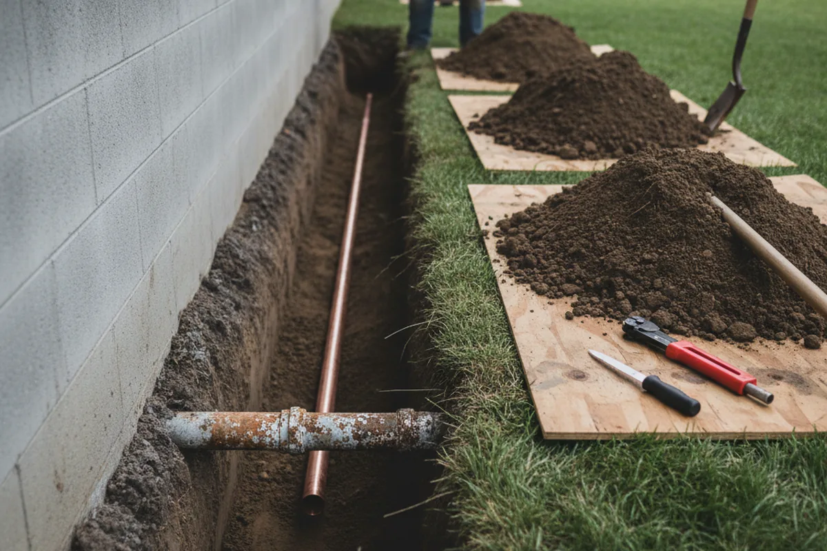 Excavated water line trench during Sewer Line Repair in New River